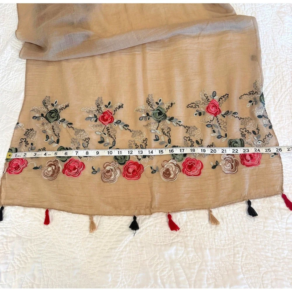Tan Floral Embroidered Tassel Scarf Cotton Blend Rectangle Wrap Shawl